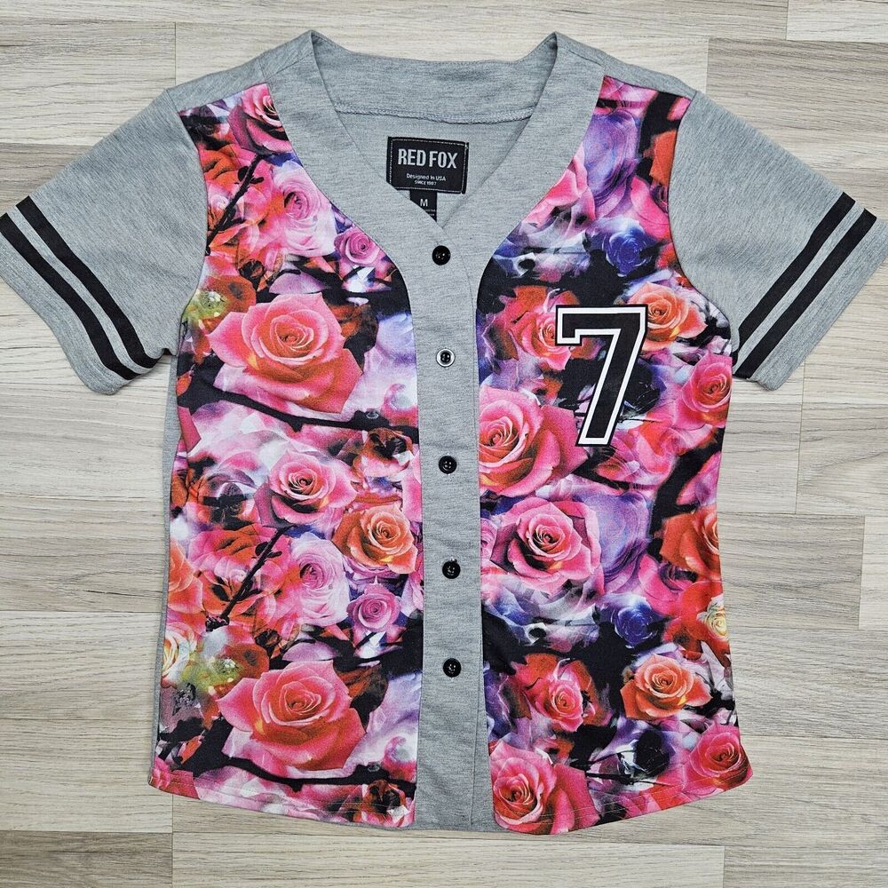 REDFOX Womens Pink Rose Floral Button Up Jersey Medium